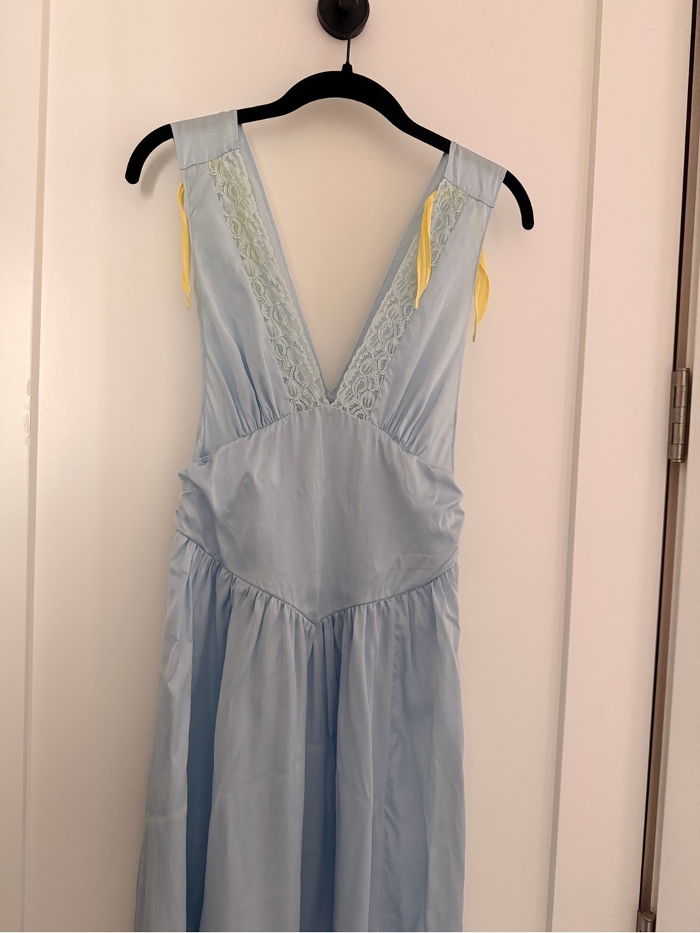 HELSA Pale Blue Lace-Trim Slip 100% Silk Dress with Yellow Strap Accent - Picture 5 of 7